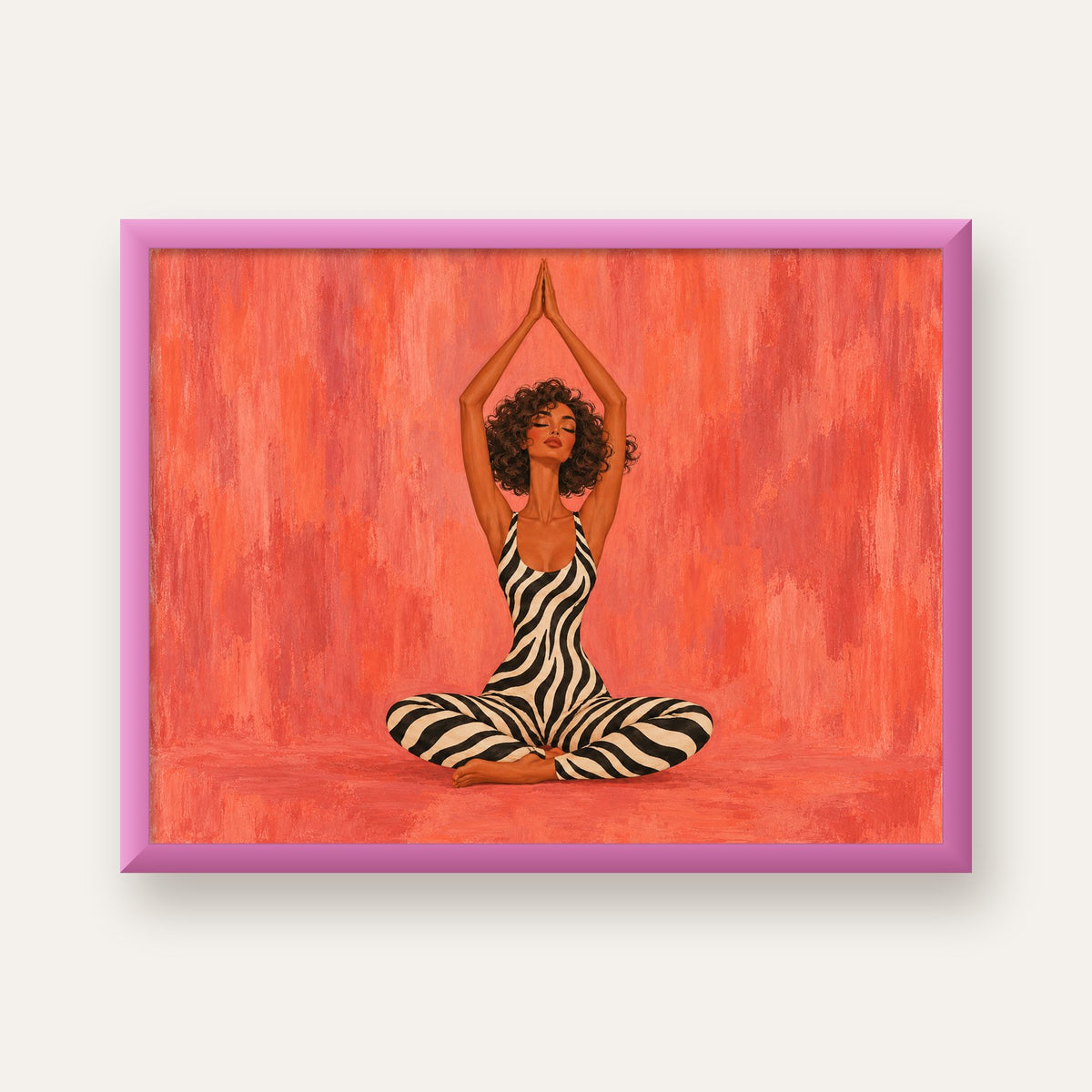 Mercan Zebra Desenli Yoga Yapan Kadın Poster — pembe çerçeveli