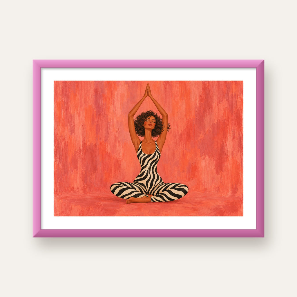 Mercan Zebra Desenli Yoga Yapan Kadın Poster — pembe çerçeveli paspartulu
