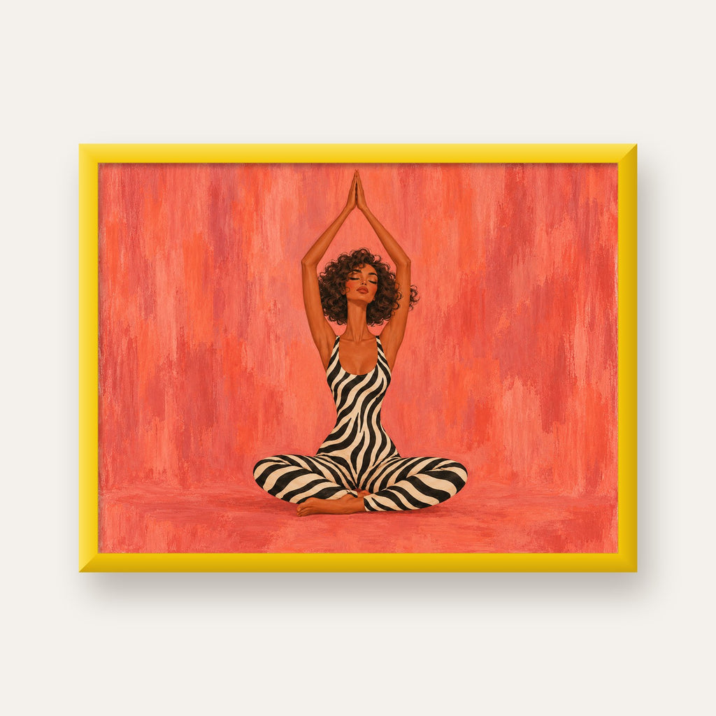 Mercan Zebra Desenli Yoga Yapan Kadın Poster — sarı çerçeveli