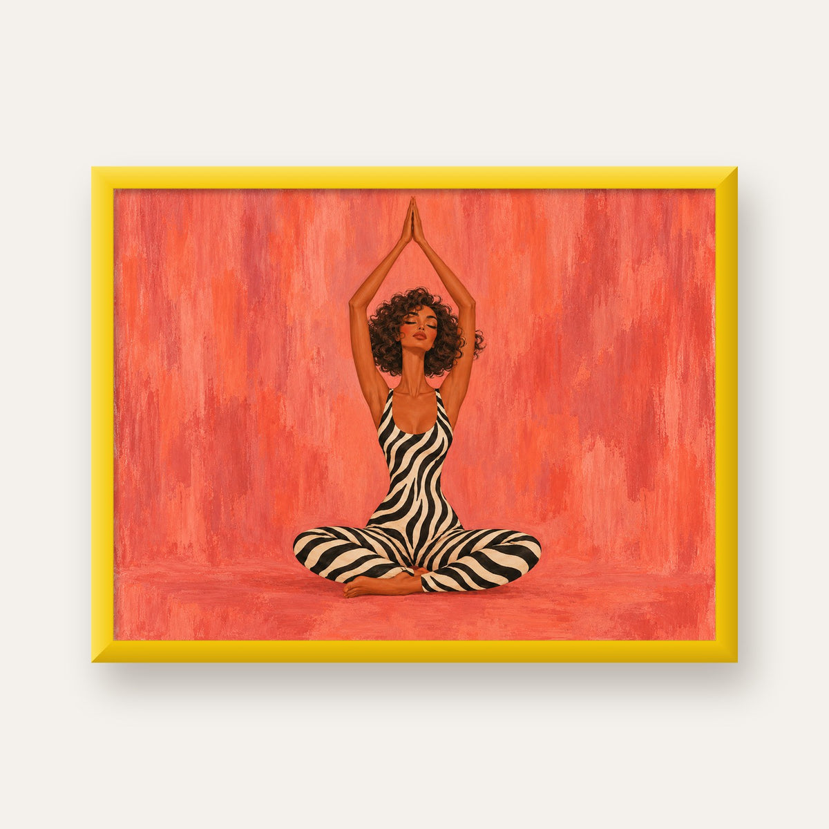 Mercan Zebra Desenli Yoga Yapan Kadın Poster — sarı çerçeveli