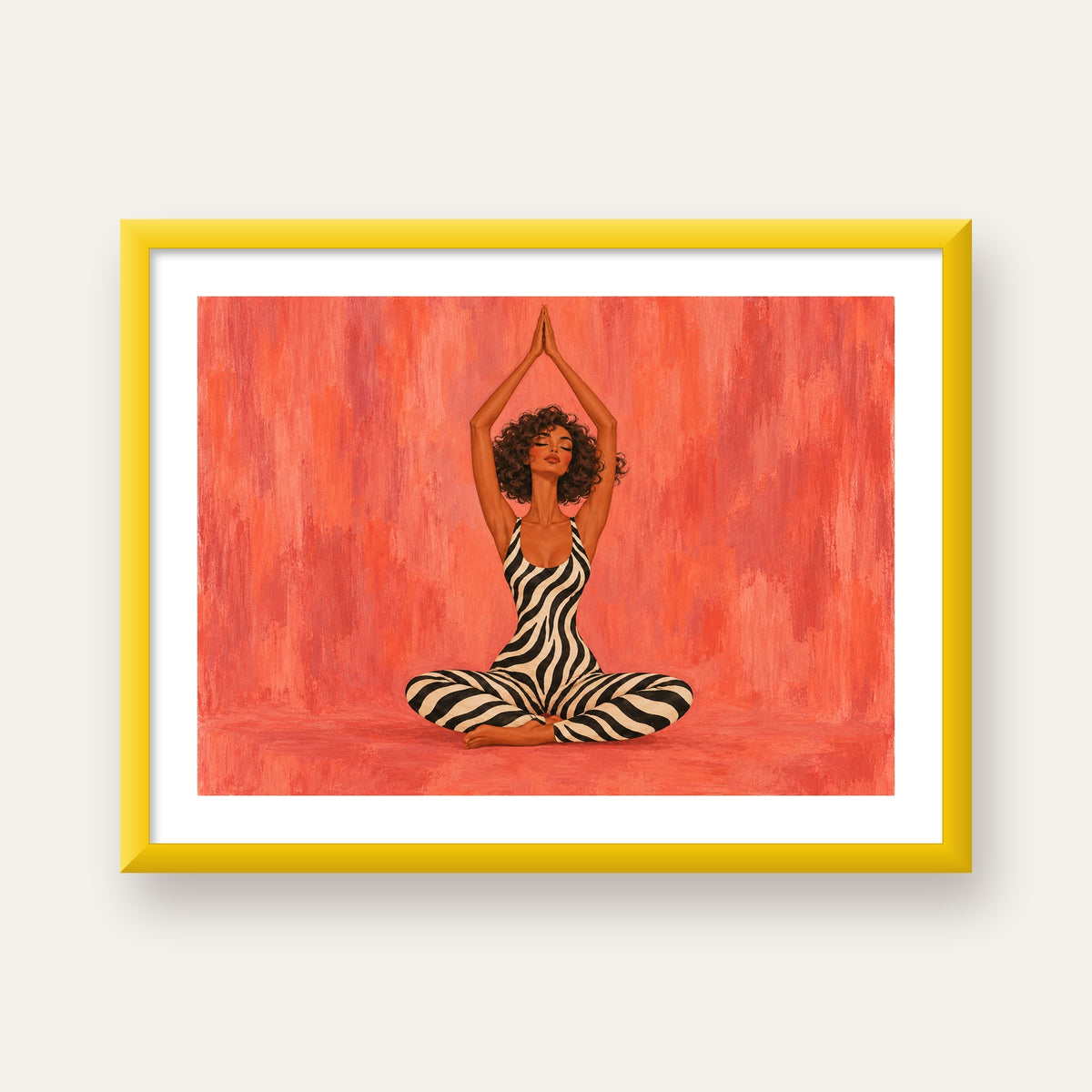Mercan Zebra Desenli Yoga Yapan Kadın Poster — sarı çerçeveli paspartulu