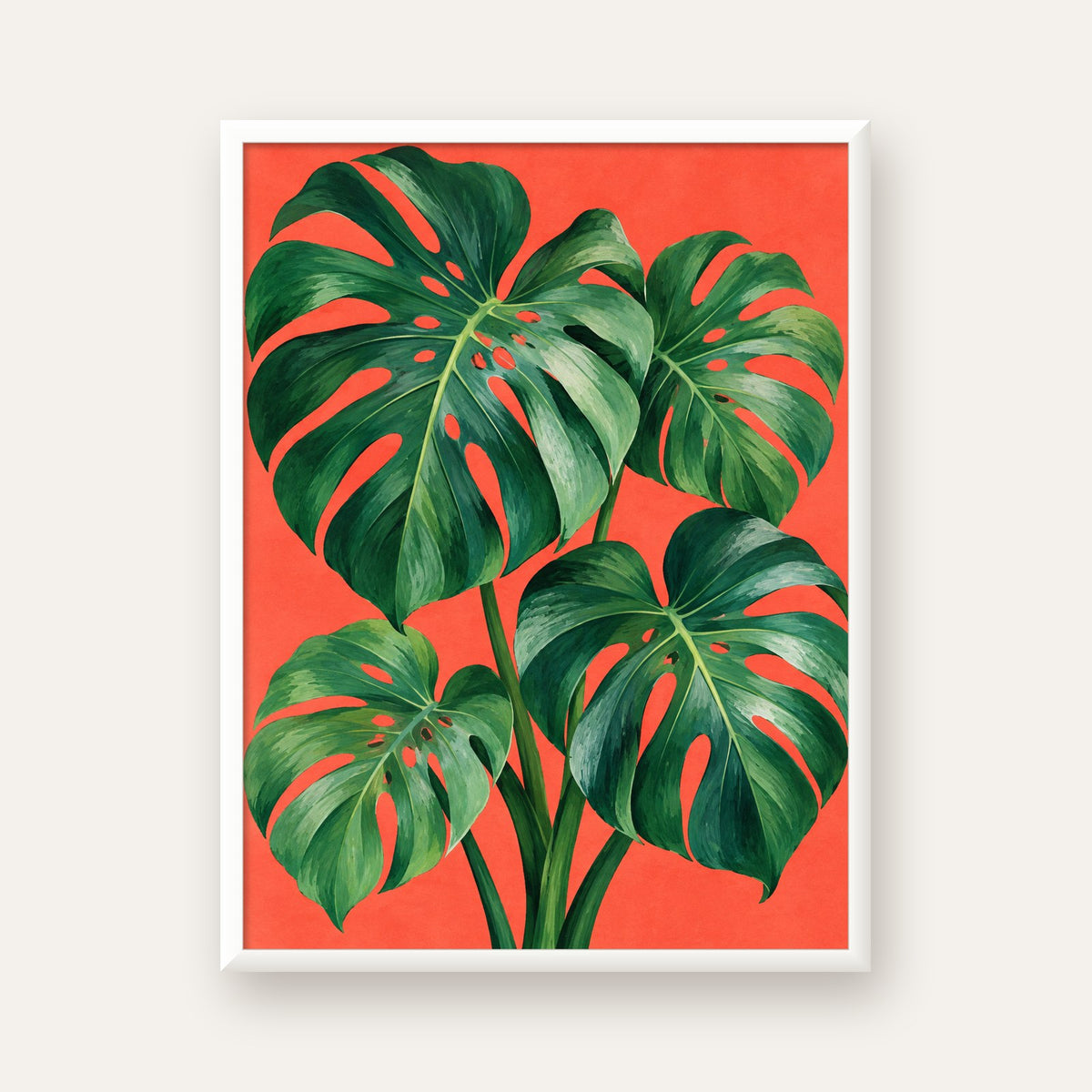Canlı Turuncu Arka Planlı Monstera Yaprakları Sanat Posteri — beyaz çerçeveli dikey poster