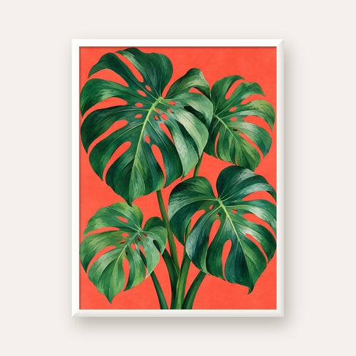 Canlı Turuncu Arka Planlı Monstera Yaprakları Sanat Posteri — beyaz çerçeveli dikey poster