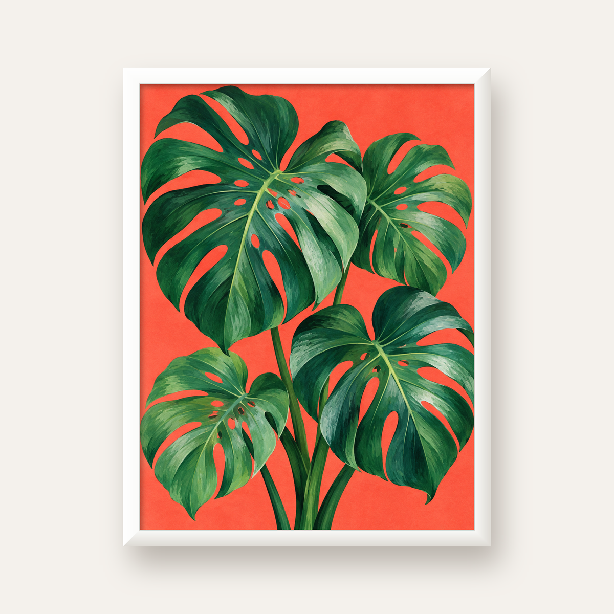 Canlı Turuncu Arka Planlı Monstera Yaprakları Sanat Posteri — beyaz çerçeveli dikey poster
