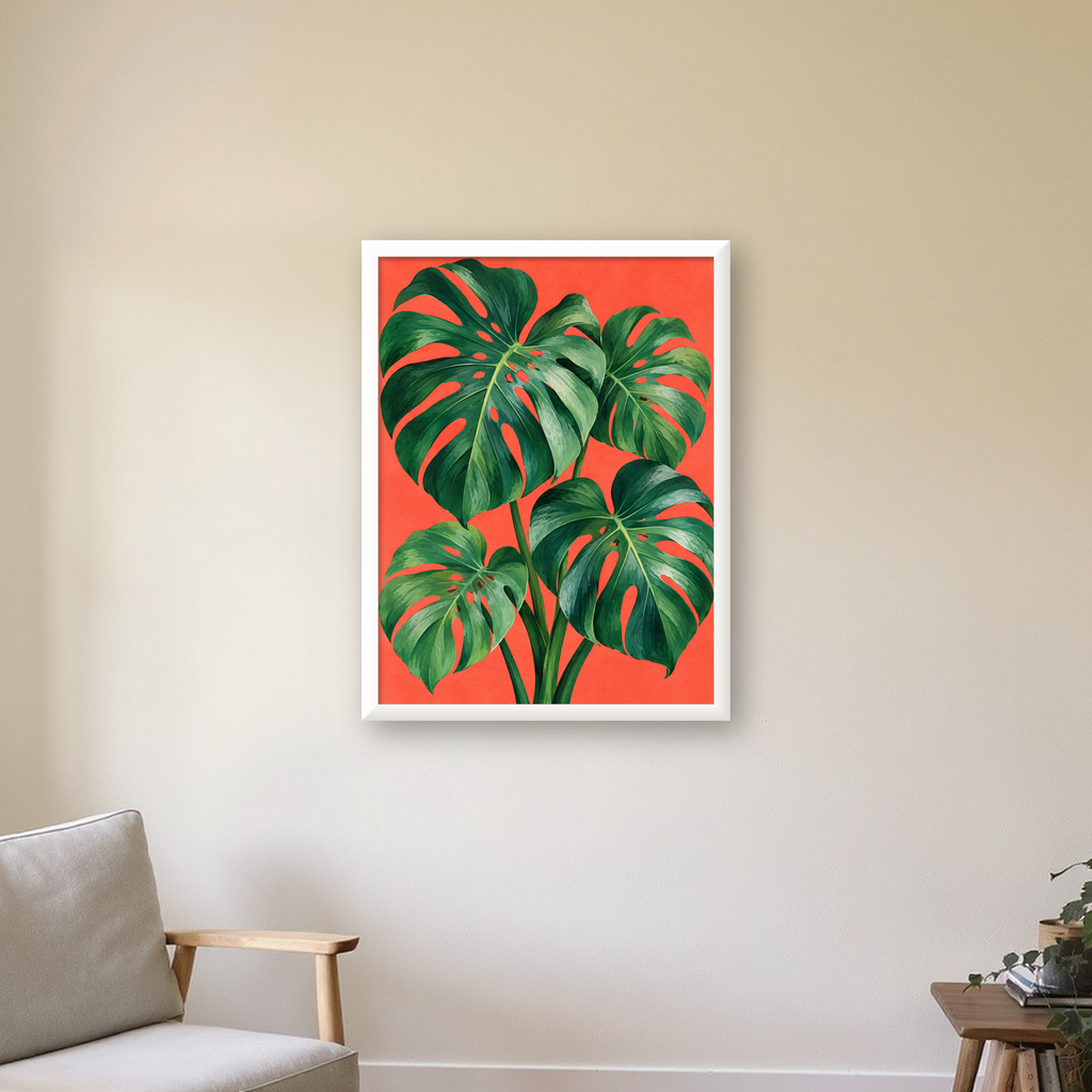 Canlı Turuncu Arka Planlı Monstera Yaprakları Sanat Posteri — beyaz çerçeveli dikey poster