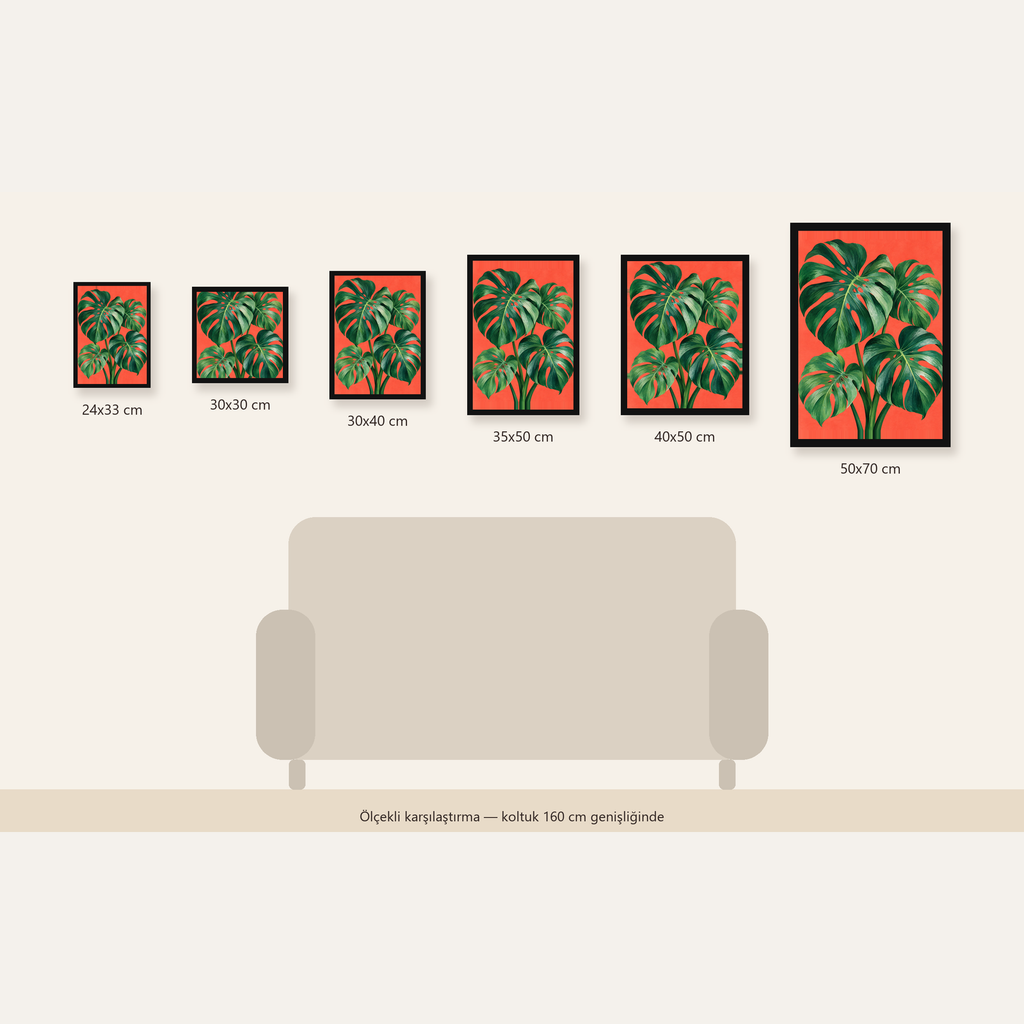 Canlı Turuncu Arka Planlı Monstera Yaprakları Sanat Posteri — Dikey ölçülerinin karşılaştırması