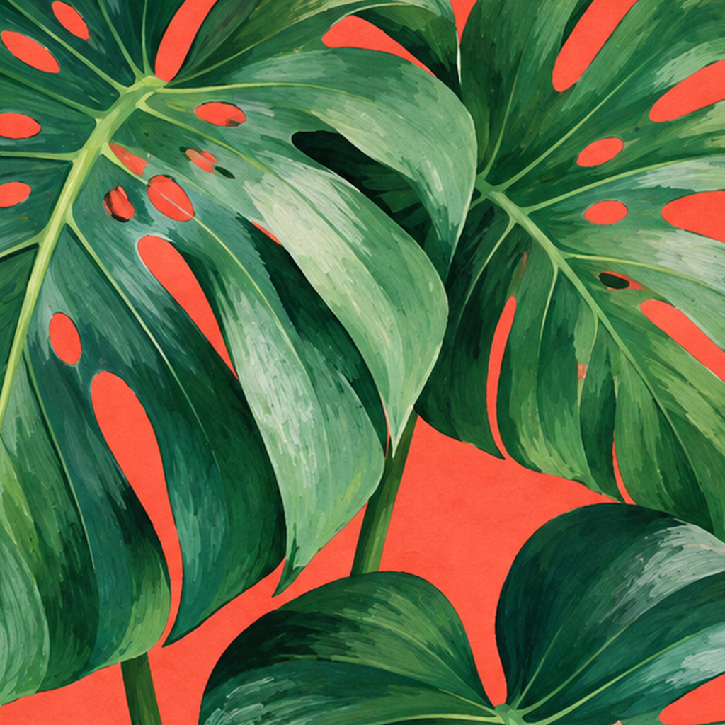 Canlı Turuncu Arka Planlı Monstera Yaprakları Sanat Posteri — baskının yakın çekimi, kâğıt dokusu ve renk detayı