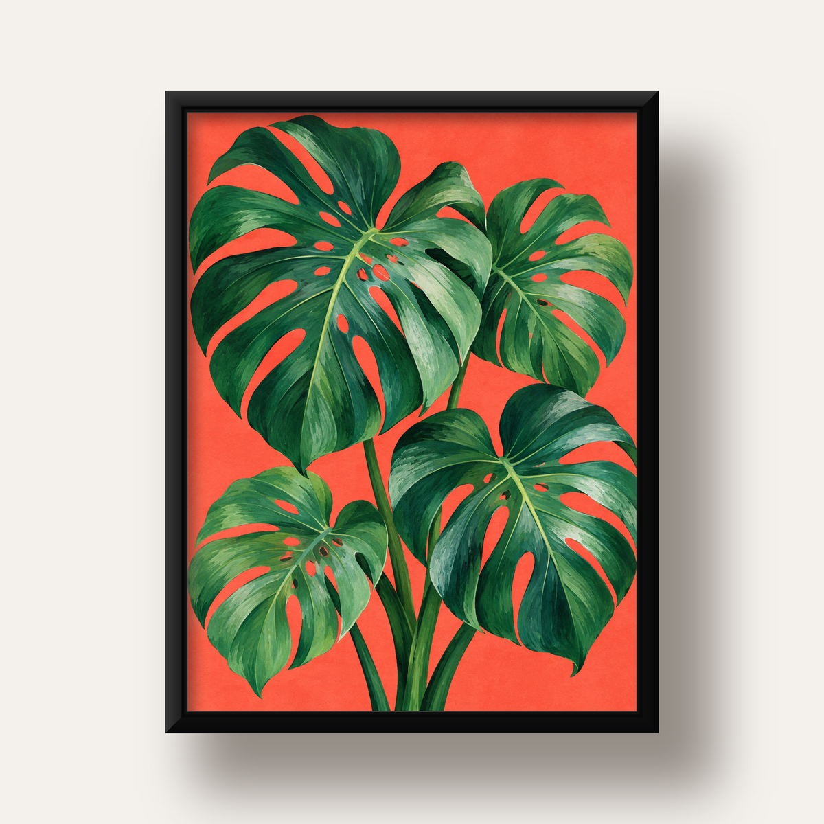 Canlı Turuncu Arka Planlı Monstera Yaprakları Sanat Posteri — siyah derin çerçeveli