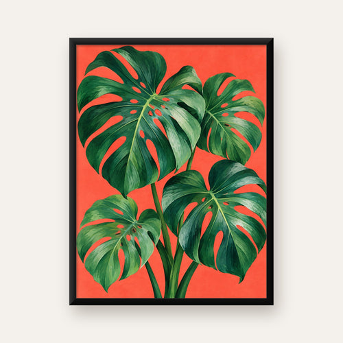 Canlı Turuncu Arka Planlı Monstera Yaprakları Sanat Posteri — Dikey baskı, düz siyah çerçeveli duvar posteri