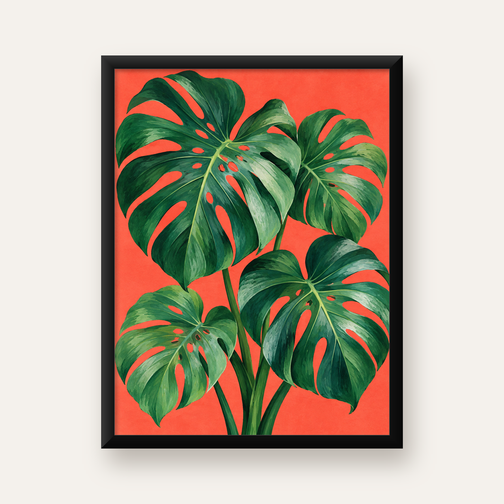 Canlı Turuncu Arka Planlı Monstera Yaprakları Sanat Posteri — Dikey baskı, düz siyah çerçeveli duvar posteri