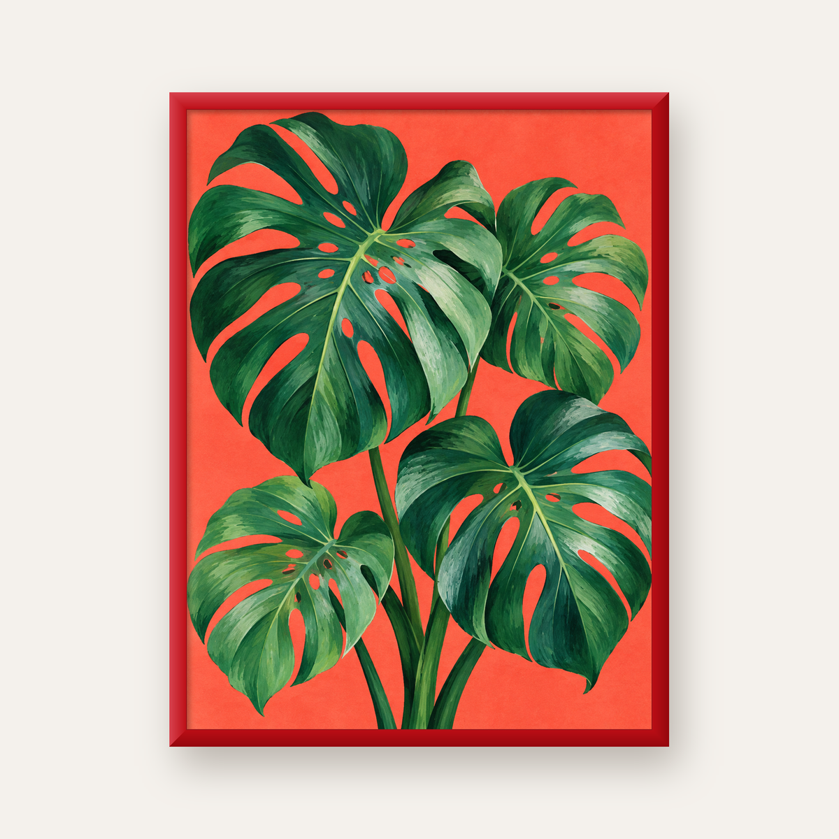 Canlı Turuncu Arka Planlı Monstera Yaprakları Sanat Posteri — kırmızı çerçeveli