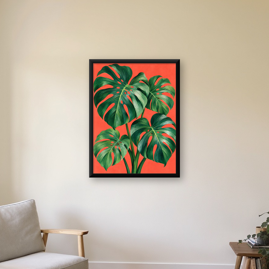 Canlı Turuncu Arka Planlı Monstera Yaprakları Sanat Posteri — Dikey baskı, çerçeveli hâliyle bir ev duvarında