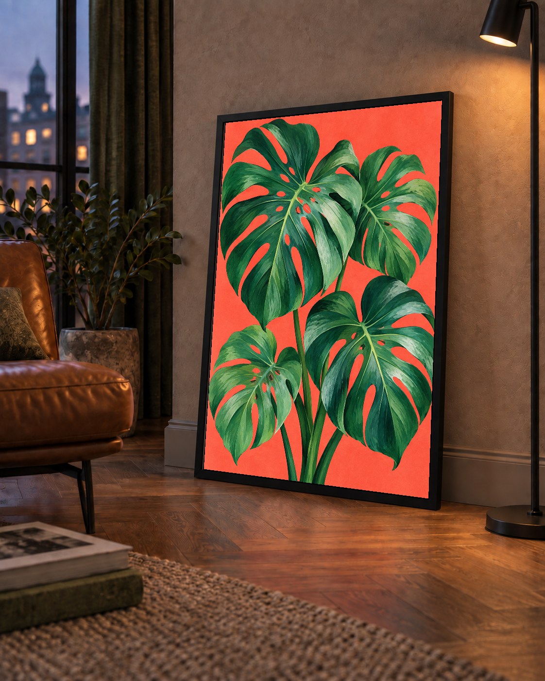 Canlı Turuncu Arka Planlı Monstera Yaprakları Sanat Posteri