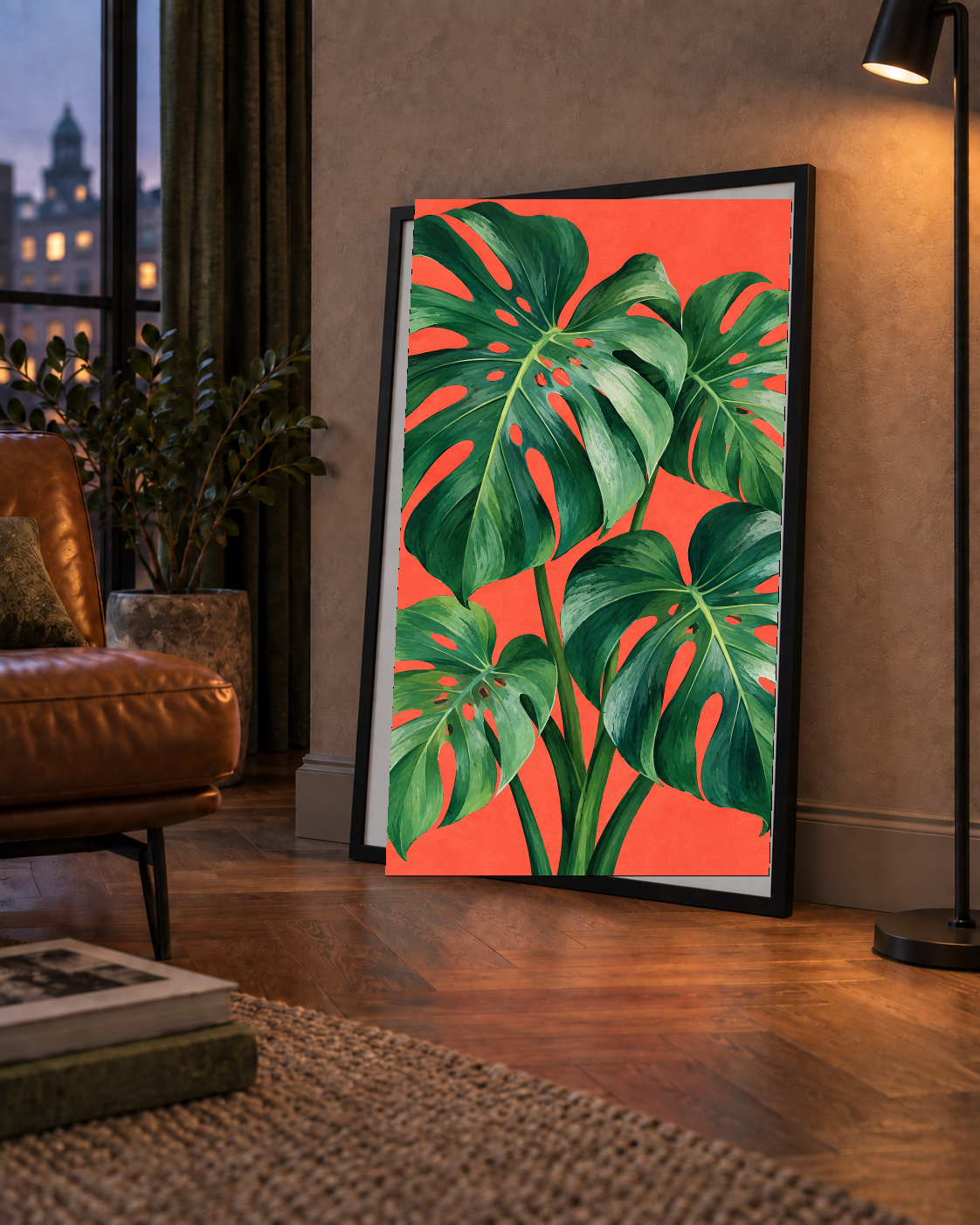 Canlı Turuncu Arka Planlı Monstera Yaprakları Sanat Posteri