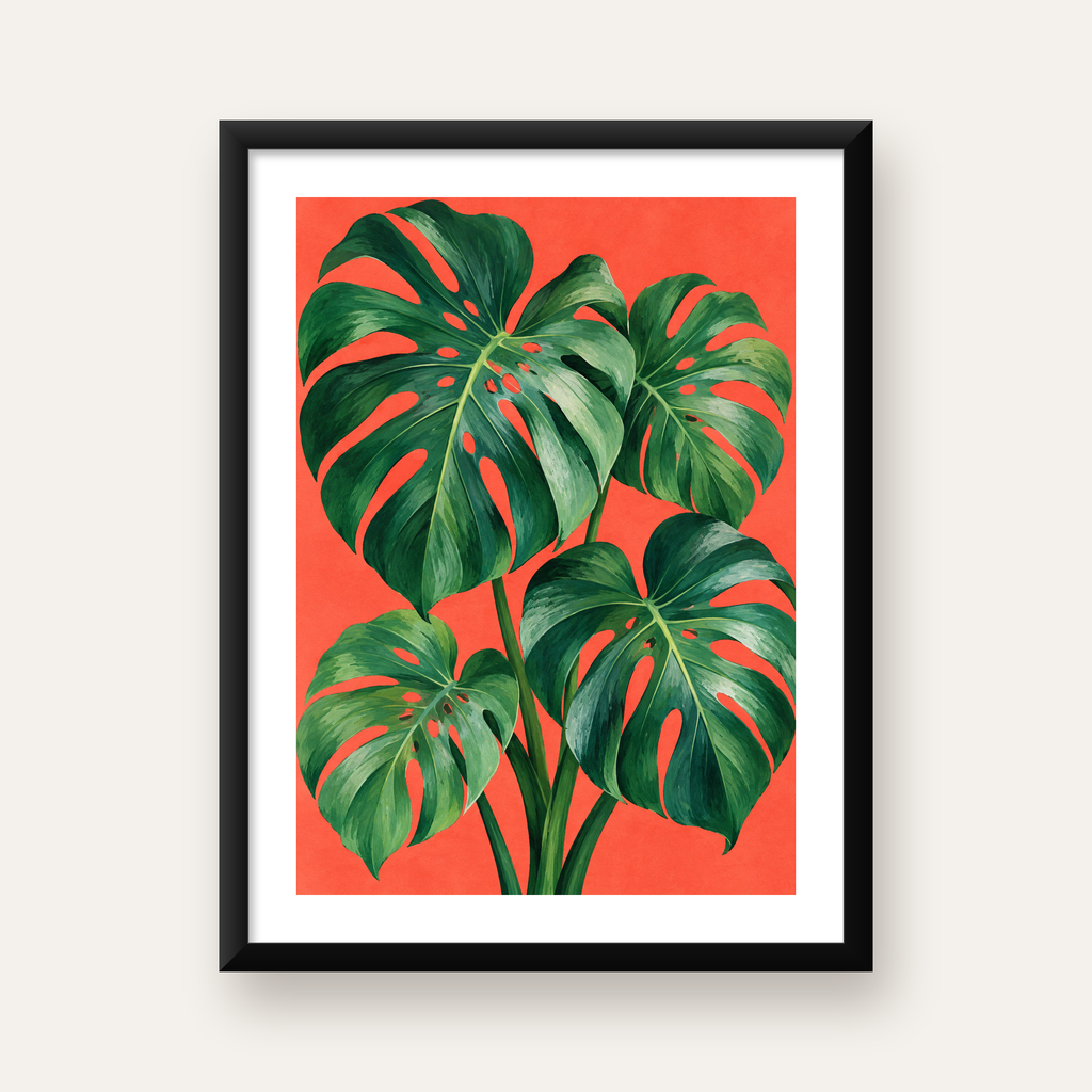 Canlı Turuncu Arka Planlı Monstera Yaprakları Sanat Posteri — Dikey baskı, beyaz paspartulu