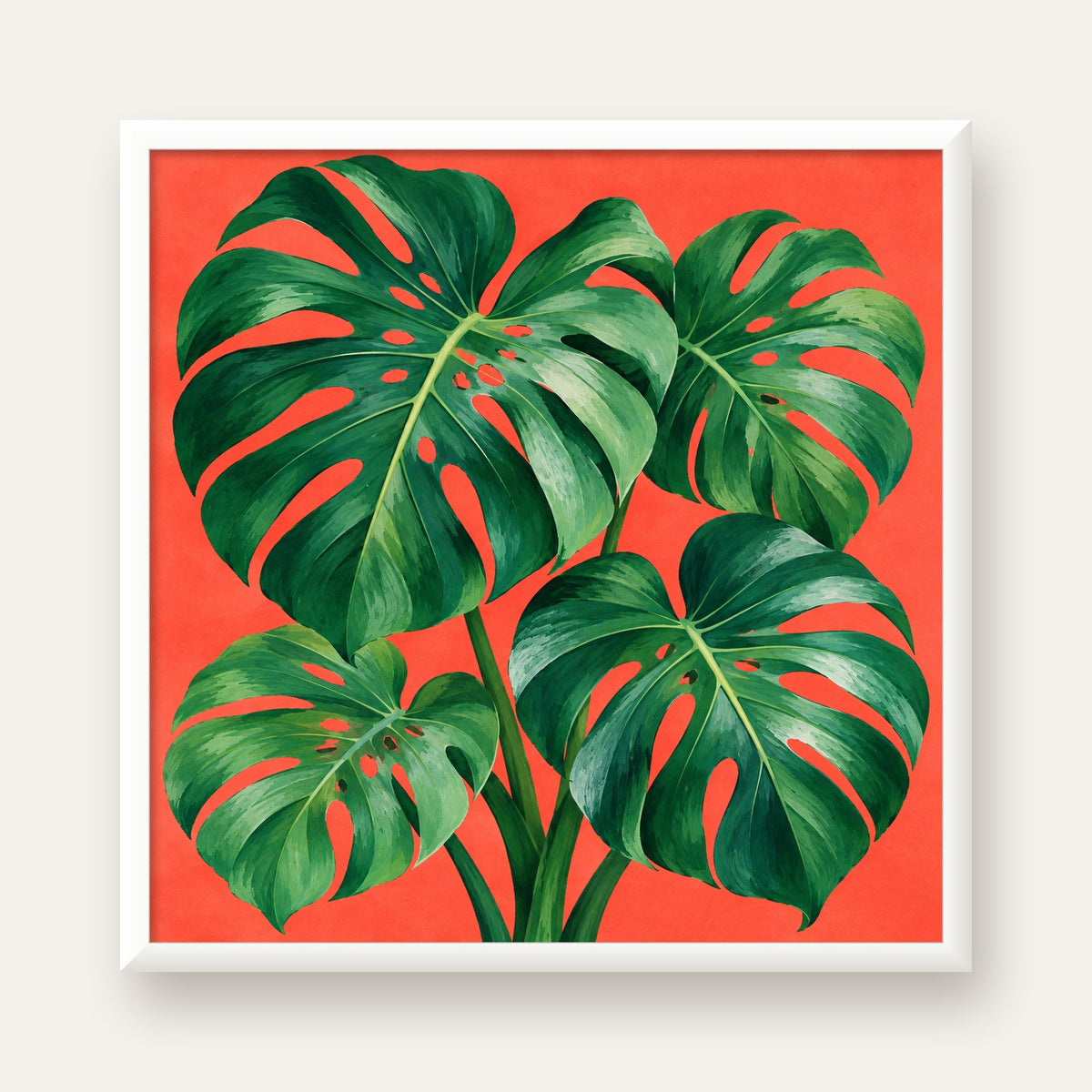 Canlı Turuncu Arka Planlı Monstera Yaprakları Sanat Posteri — beyaz çerçeveli kare poster
