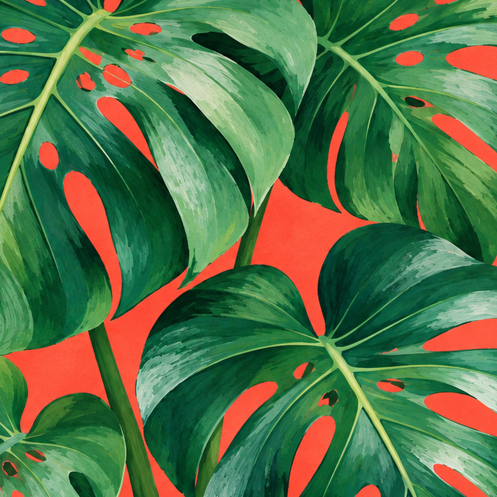 Canlı Turuncu Arka Planlı Monstera Yaprakları Sanat Posteri — baskının yakın çekimi, kâğıt dokusu ve renk detayı