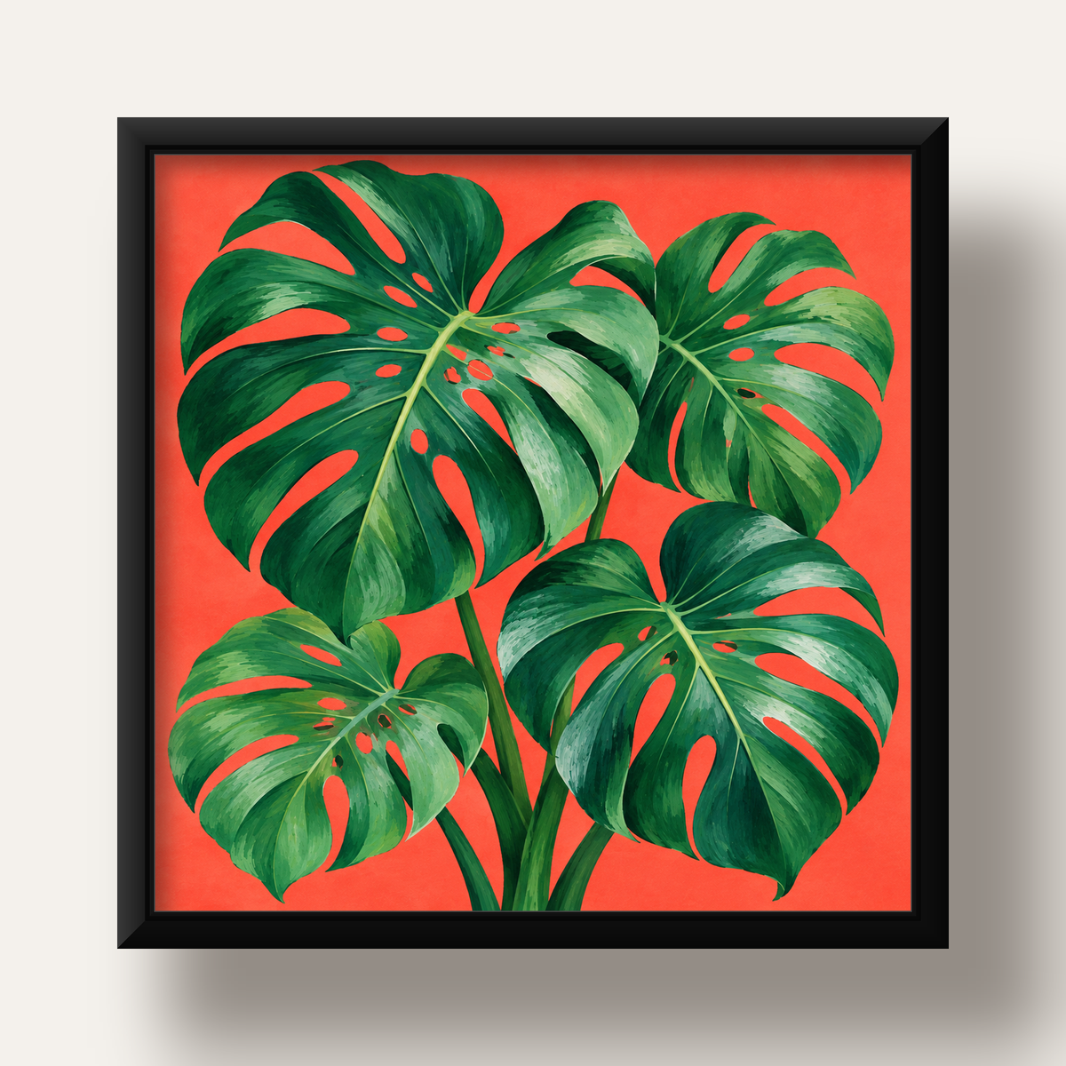 Canlı Turuncu Arka Planlı Monstera Yaprakları Sanat Posteri — siyah derin çerçeveli