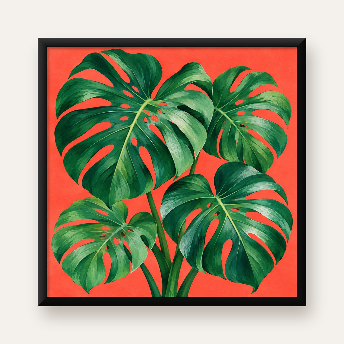 Canlı Turuncu Arka Planlı Monstera Yaprakları Sanat Posteri — Kare baskı, düz siyah çerçeveli duvar posteri