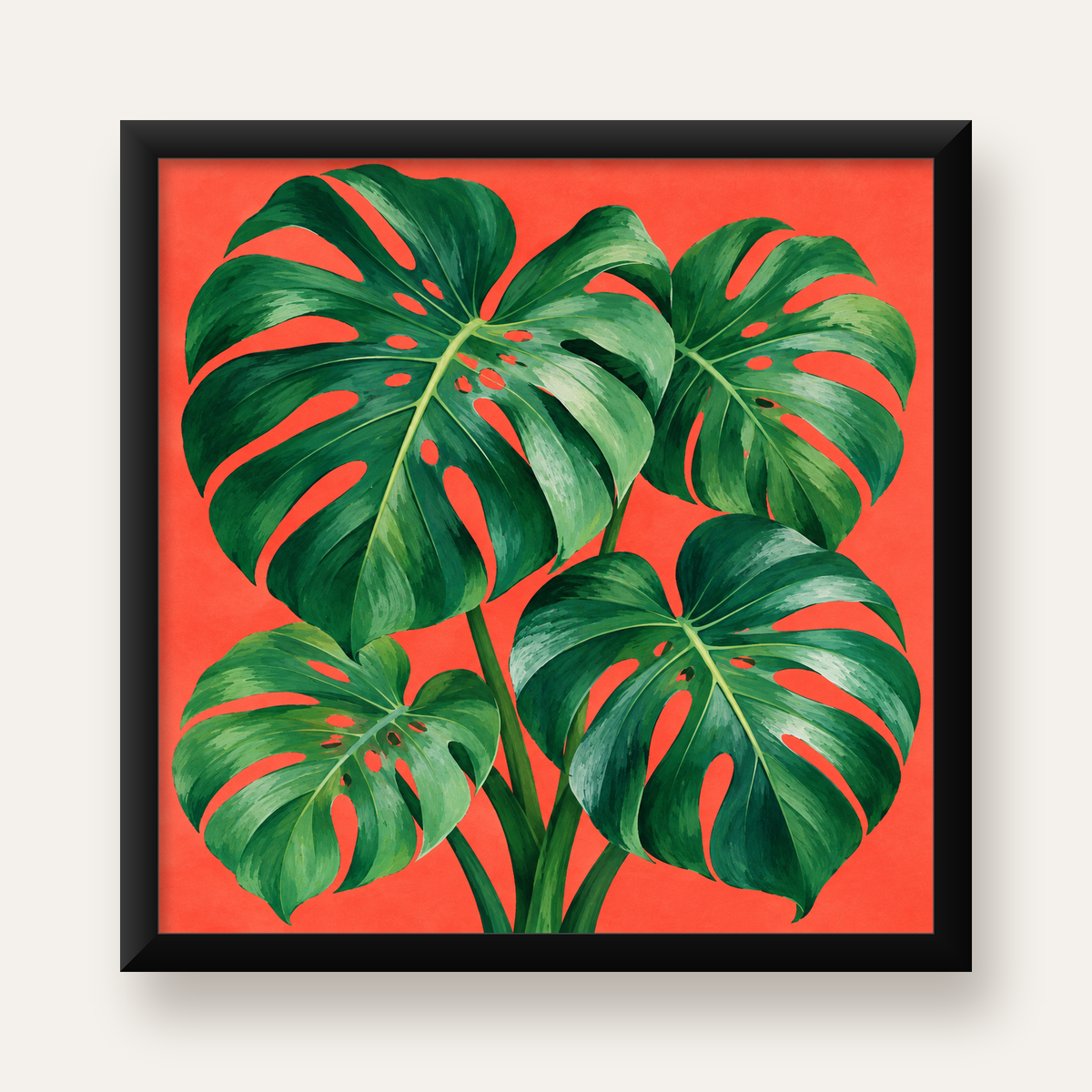 Canlı Turuncu Arka Planlı Monstera Yaprakları Sanat Posteri — Kare baskı, düz siyah çerçeveli duvar posteri