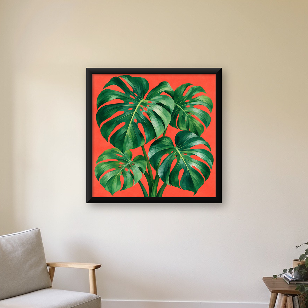 Canlı Turuncu Arka Planlı Monstera Yaprakları Sanat Posteri — Kare baskı, çerçeveli hâliyle bir ev duvarında