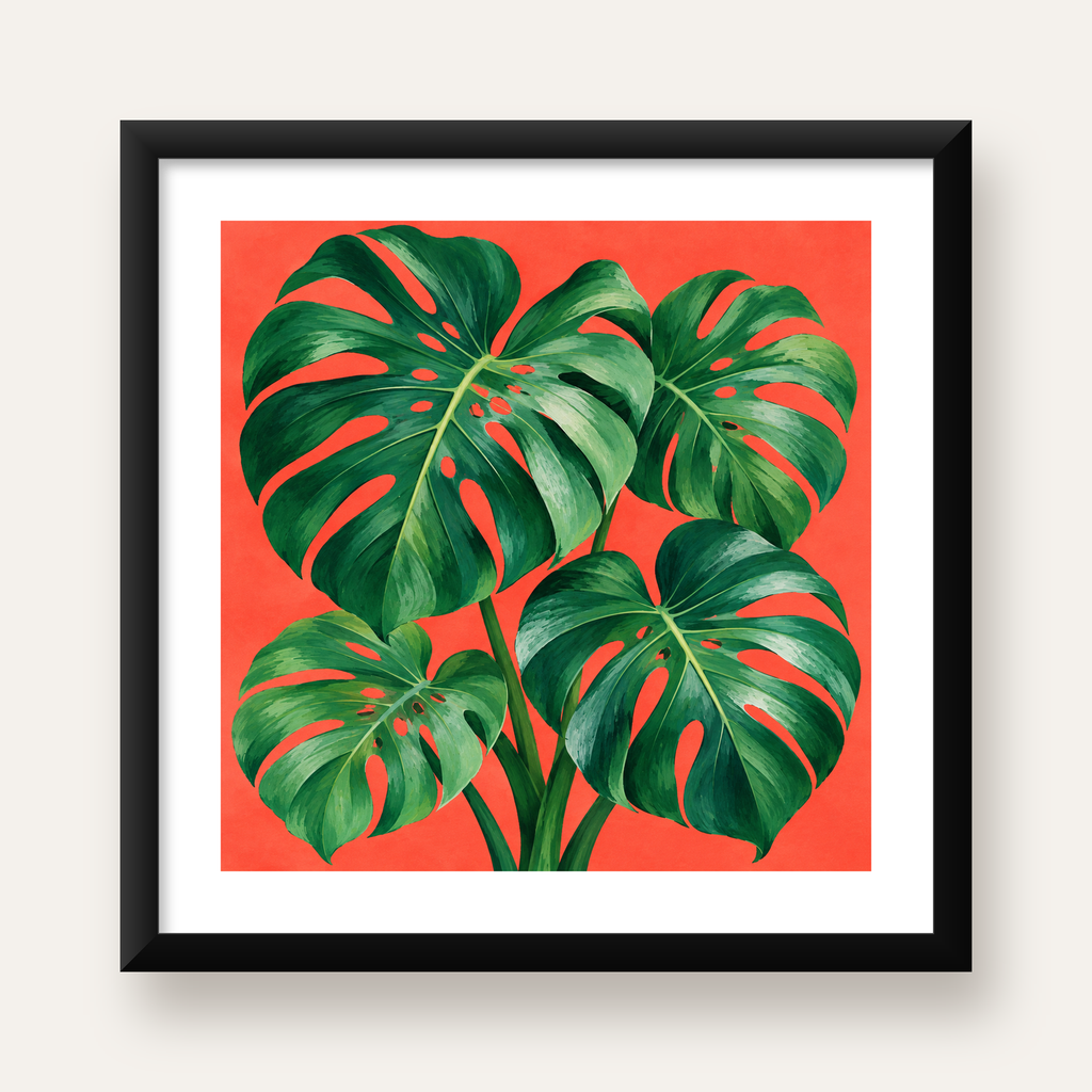 Canlı Turuncu Arka Planlı Monstera Yaprakları Sanat Posteri — Kare baskı, beyaz paspartulu
