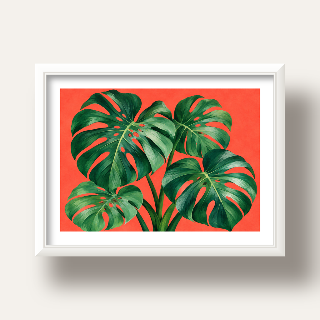 Canlı Turuncu Arka Planlı Monstera Yaprakları Sanat Posteri — beyaz derin çerçeveli paspartulu
