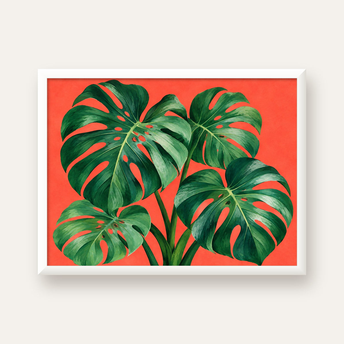 Canlı Turuncu Arka Planlı Monstera Yaprakları Sanat Posteri — beyaz çerçeveli yatay poster