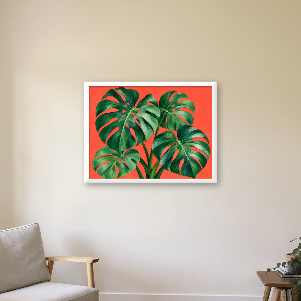 Canlı Turuncu Arka Planlı Monstera Yaprakları Sanat Posteri — beyaz çerçeveli yatay poster