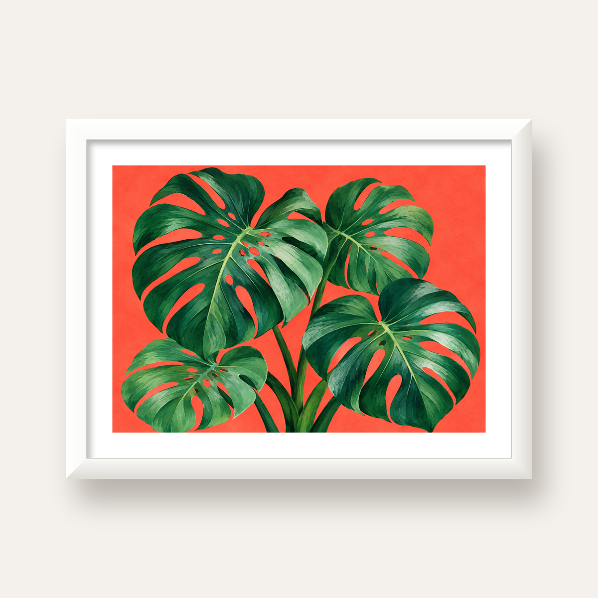 Canlı Turuncu Arka Planlı Monstera Yaprakları Sanat Posteri — beyaz çerçeveli yatay poster
