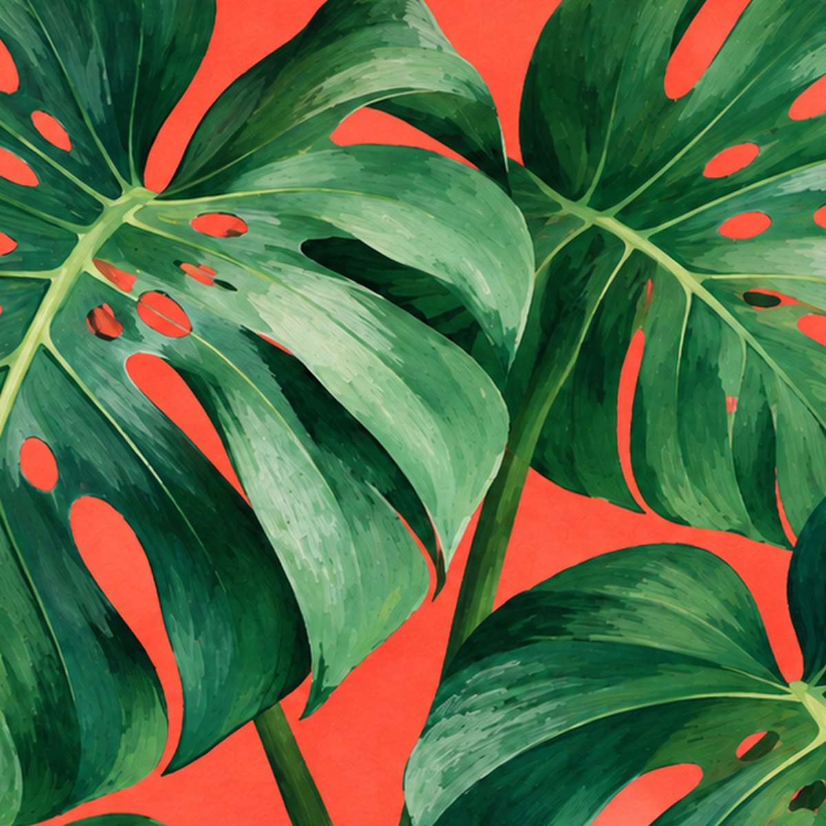 Canlı Turuncu Arka Planlı Monstera Yaprakları Sanat Posteri — baskının yakın çekimi, kâğıt dokusu ve renk detayı