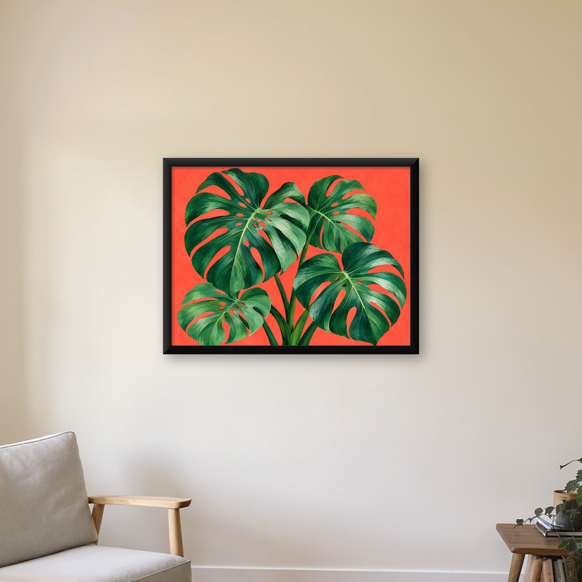 Canlı Turuncu Arka Planlı Monstera Yaprakları Sanat Posteri — Yatay baskı, çerçeveli hâliyle bir ev duvarında