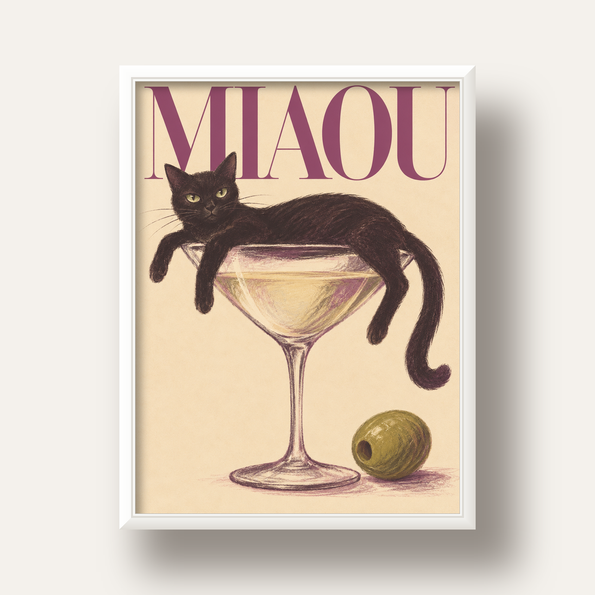 Martini Bardaklı Siyah Kedi Poster – Modern Dekor, Miaou Yazılı — beyaz derin çerçeveli