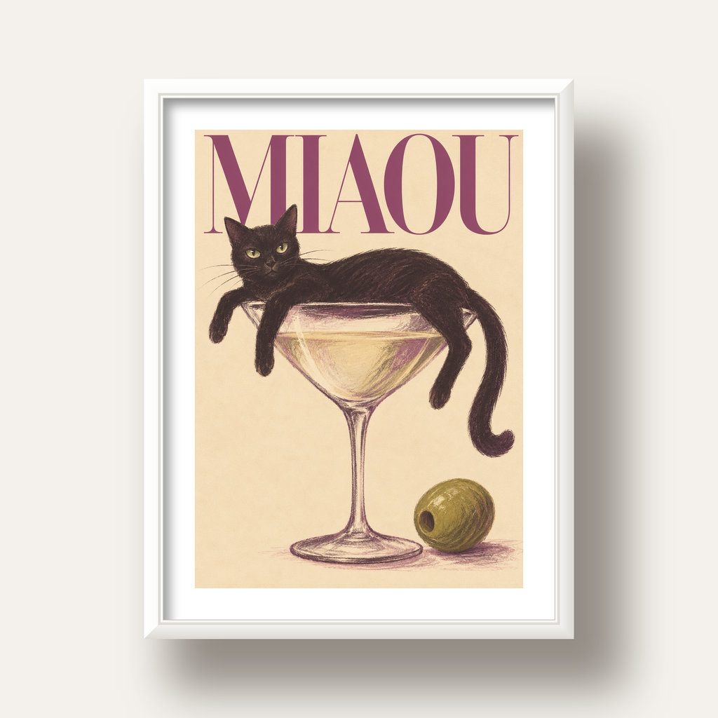 Martini Bardaklı Siyah Kedi Poster – Modern Dekor, Miaou Yazılı — beyaz derin çerçeveli paspartulu