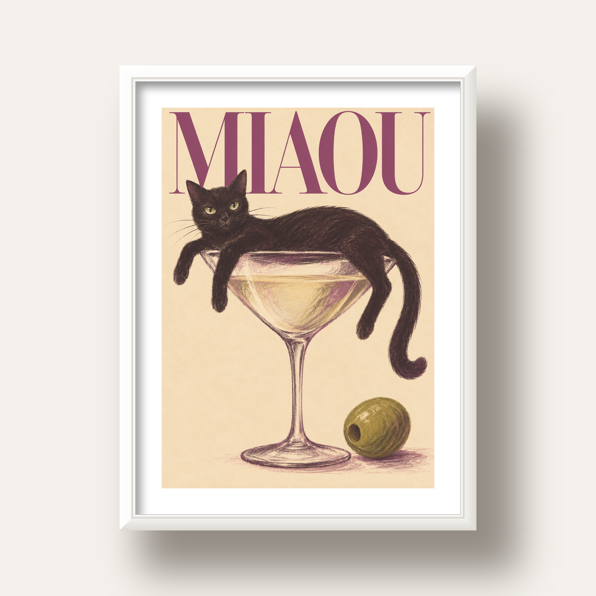 Martini Bardaklı Siyah Kedi Poster – Modern Dekor, Miaou Yazılı — beyaz derin çerçeveli paspartulu