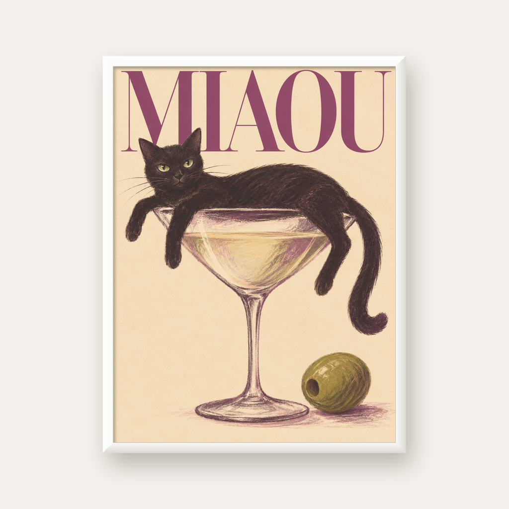 Martini Bardaklı Siyah Kedi Poster – Modern Dekor, Miaou Yazılı — beyaz çerçeveli dikey poster