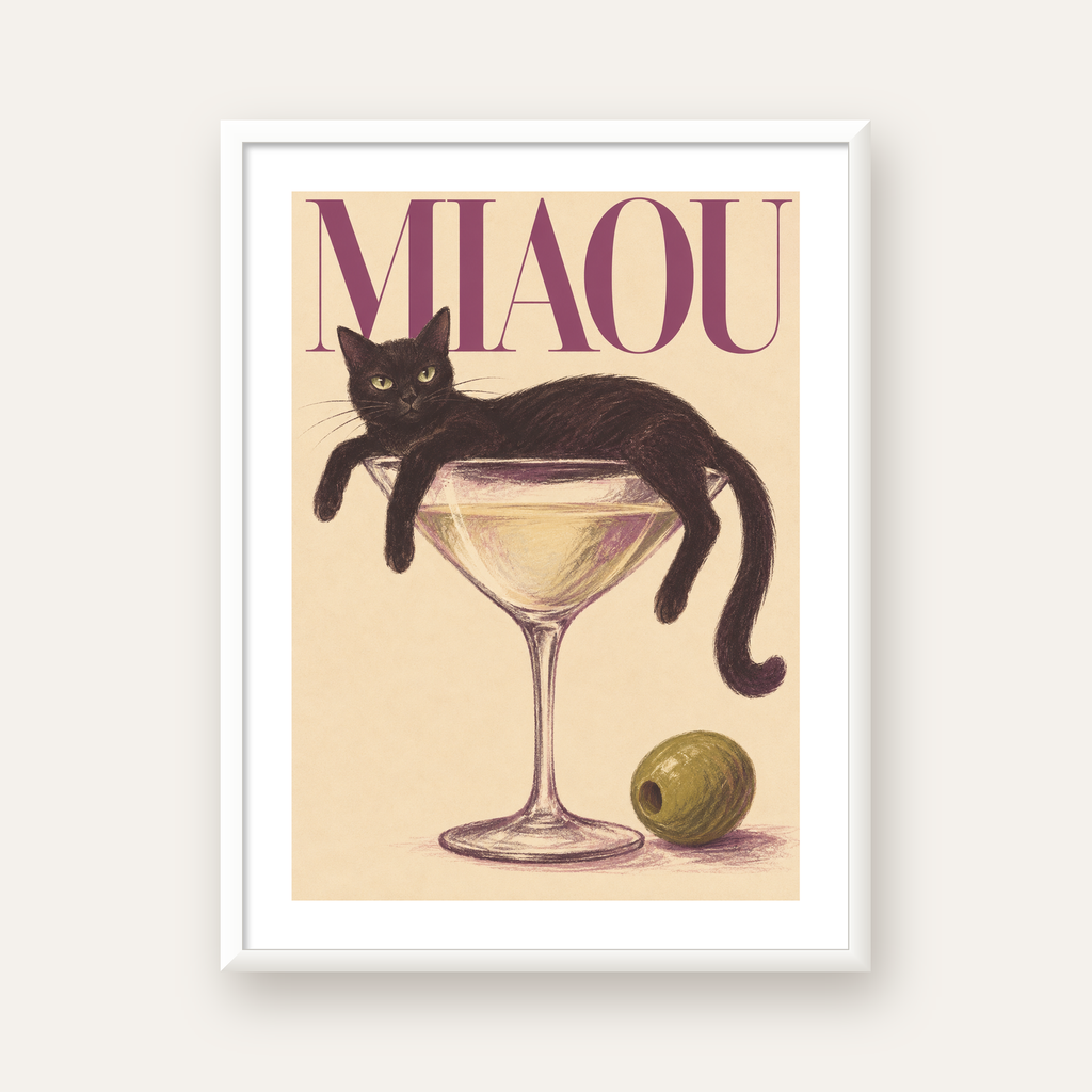 Martini Bardaklı Siyah Kedi Poster – Modern Dekor, Miaou Yazılı — beyaz çerçeveli dikey poster