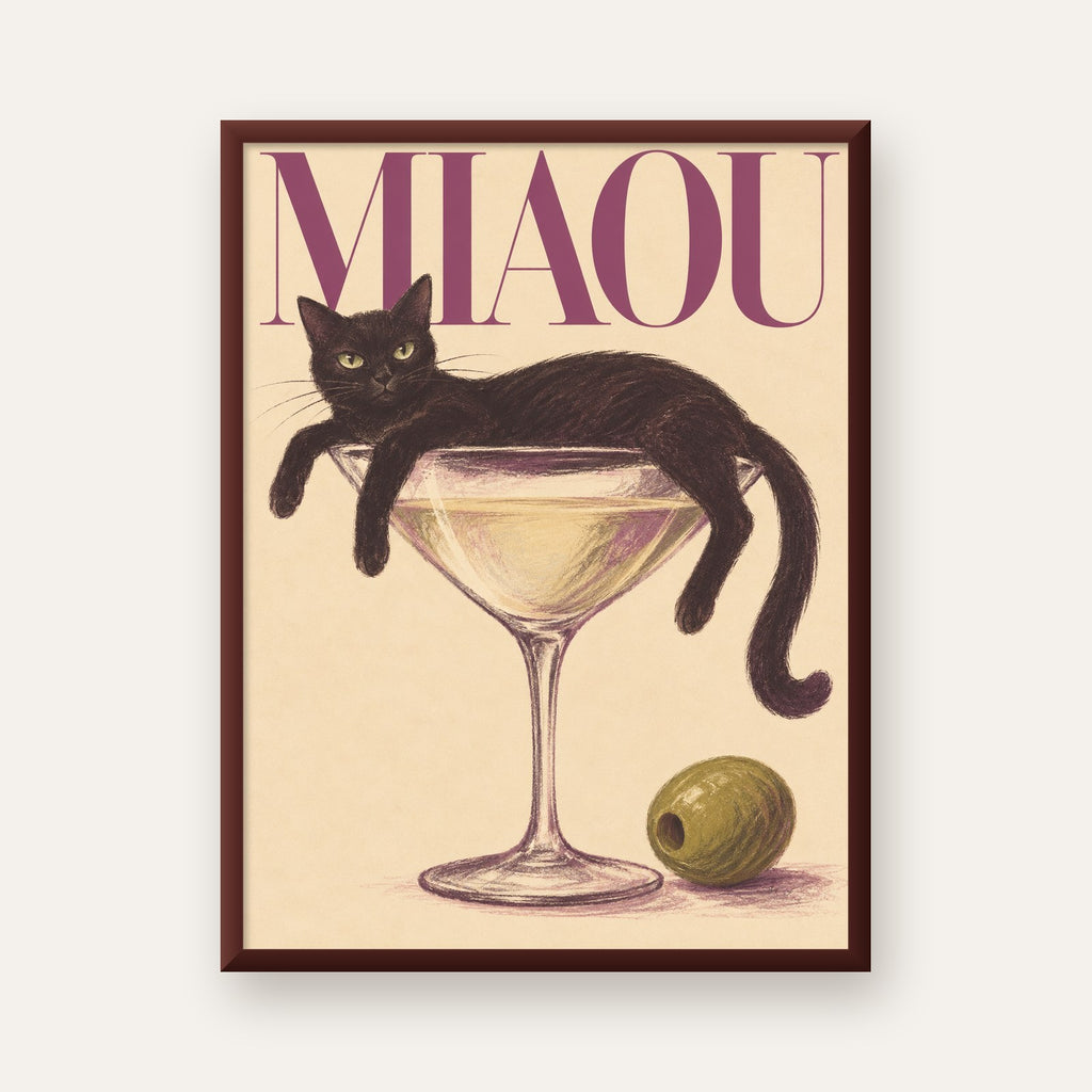 Martini Bardaklı Siyah Kedi Poster – Modern Dekor, Miaou Yazılı — ceviz çerçeveli