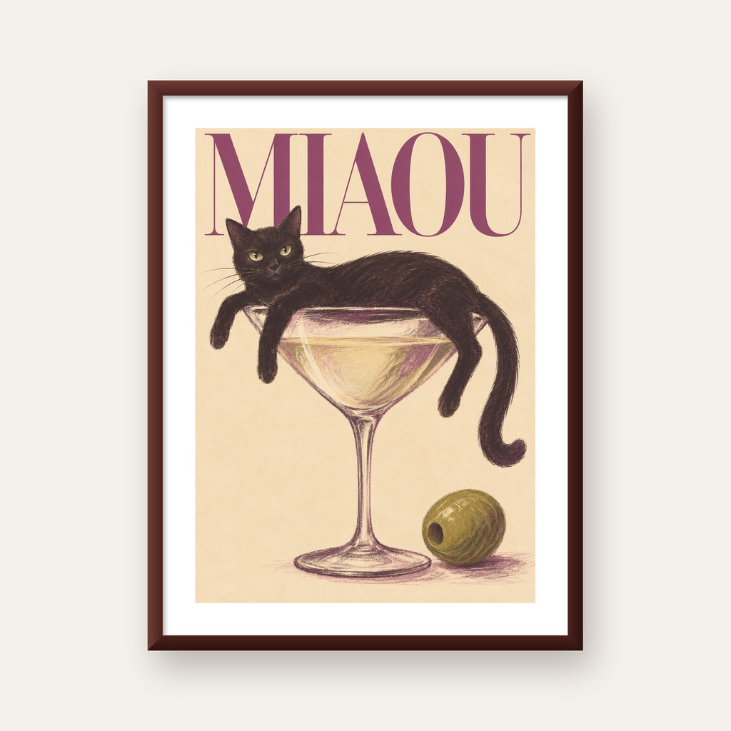 Martini Bardaklı Siyah Kedi Poster – Modern Dekor, Miaou Yazılı — ceviz çerçeveli paspartulu