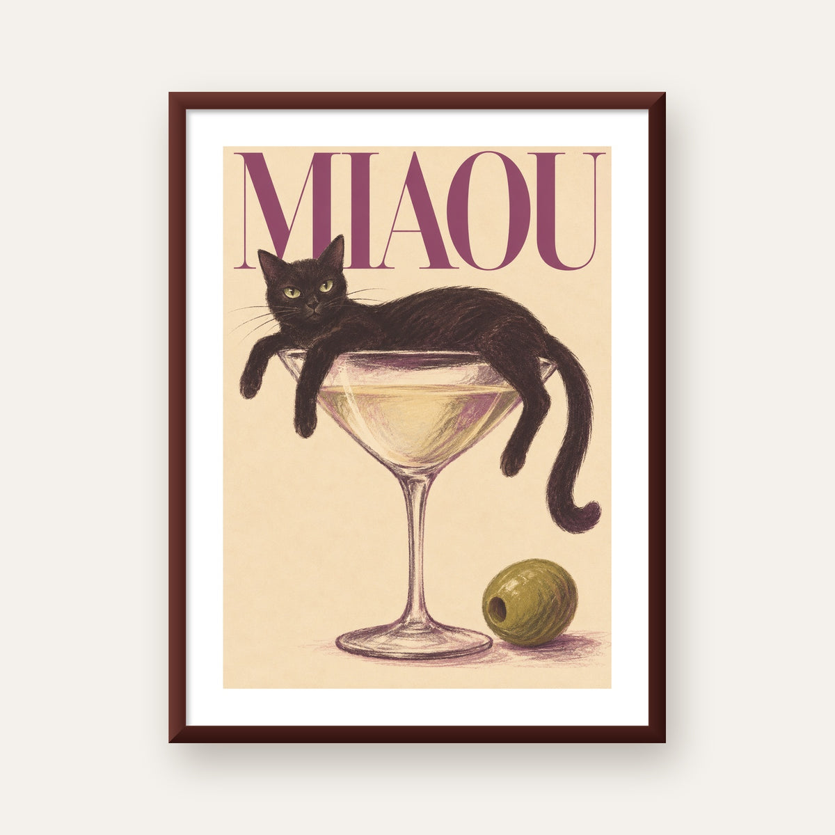 Martini Bardaklı Siyah Kedi Poster – Modern Dekor, Miaou Yazılı — ceviz çerçeveli paspartulu