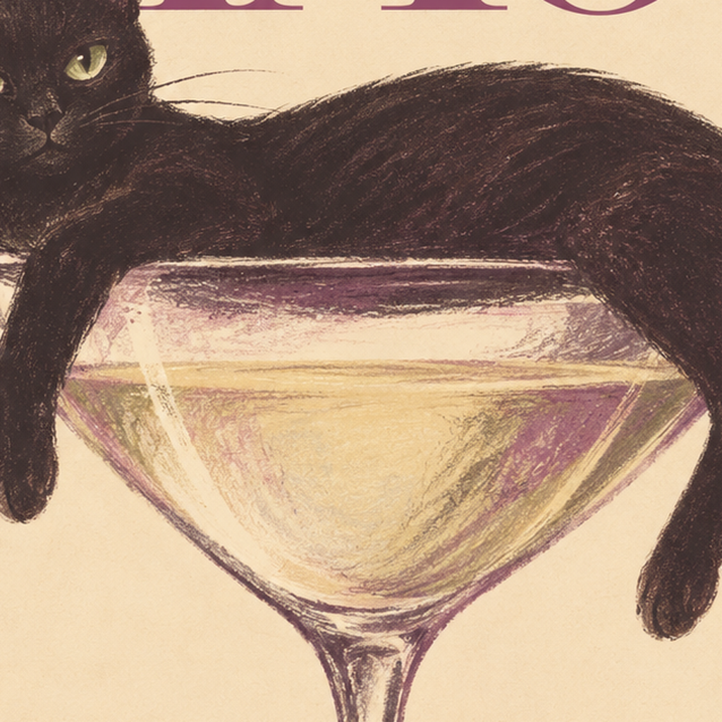 Martini Bardaklı Siyah Kedi Poster – Modern Dekor, Miaou Yazılı — baskının yakın çekimi, kâğıt dokusu ve renk detayı
