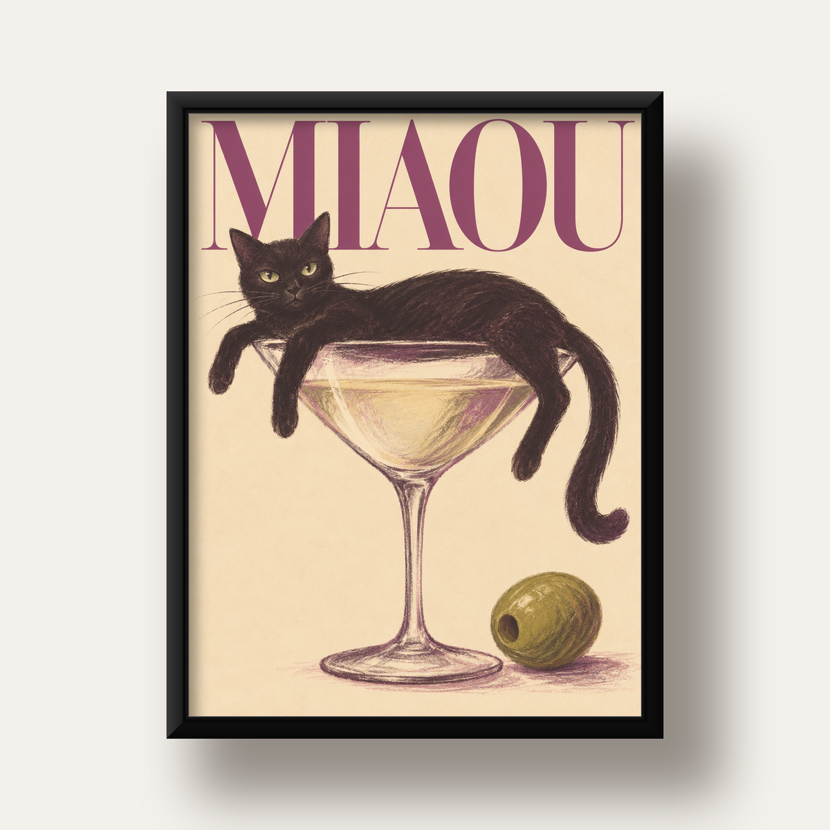 Martini Bardaklı Siyah Kedi Poster – Modern Dekor, Miaou Yazılı — siyah derin çerçeveli