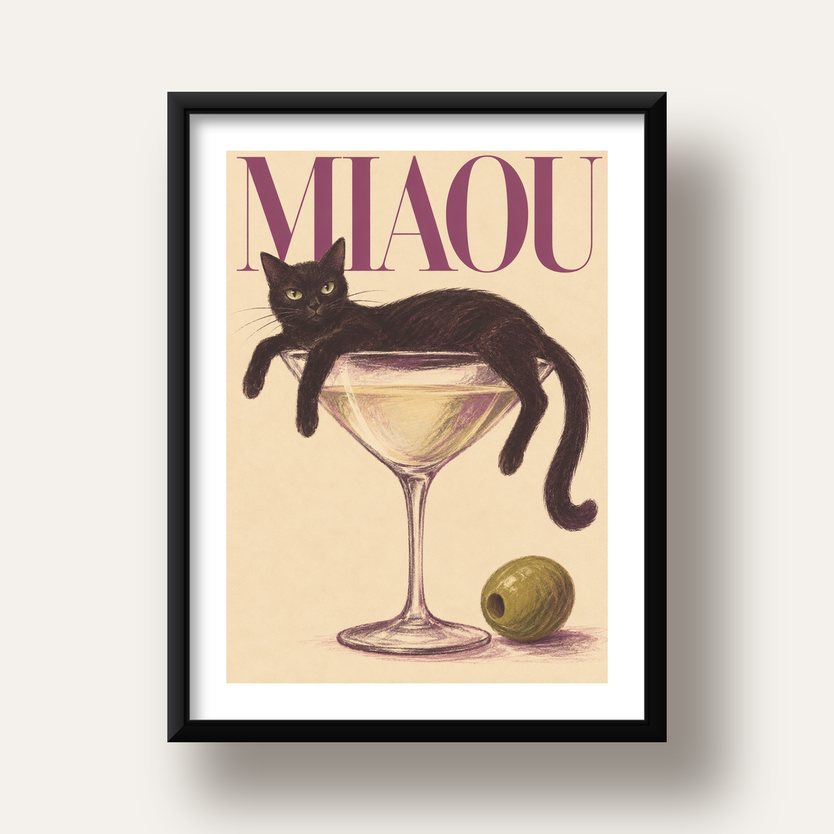 Martini Bardaklı Siyah Kedi Poster – Modern Dekor, Miaou Yazılı — siyah derin çerçeveli paspartulu