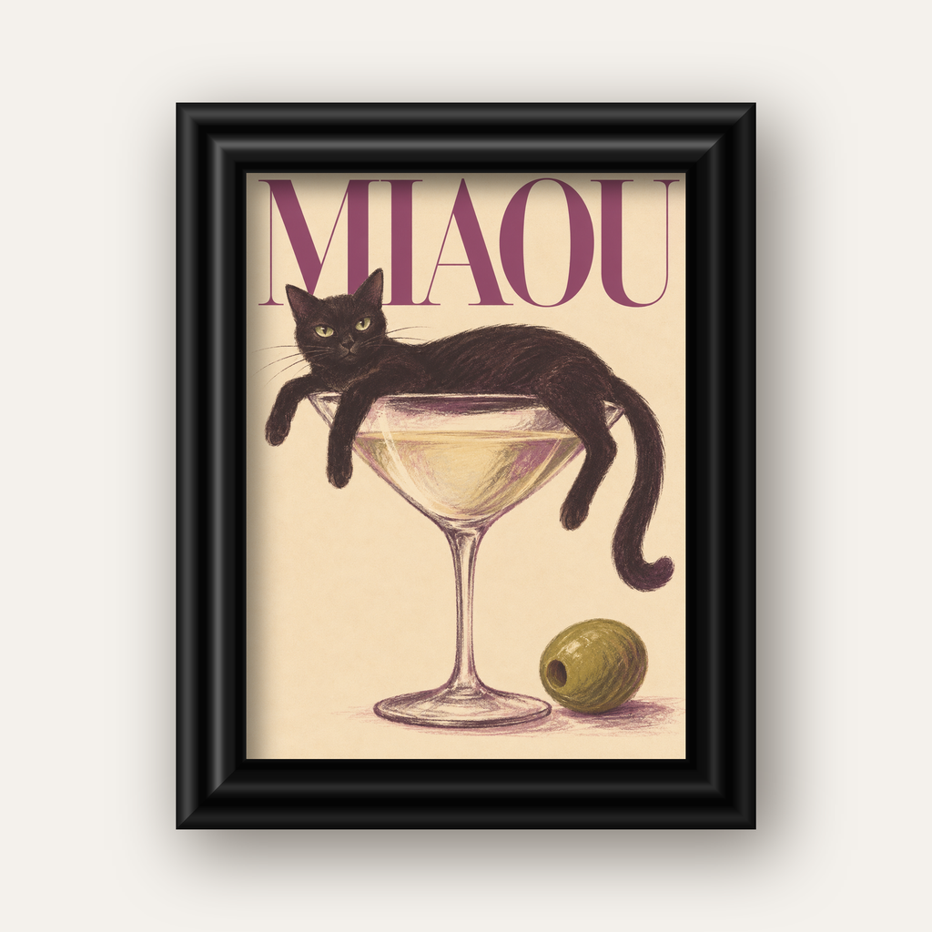 Martini Bardaklı Siyah Kedi Poster – Modern Dekor, Miaou Yazılı — siyah galeri çerçeveli