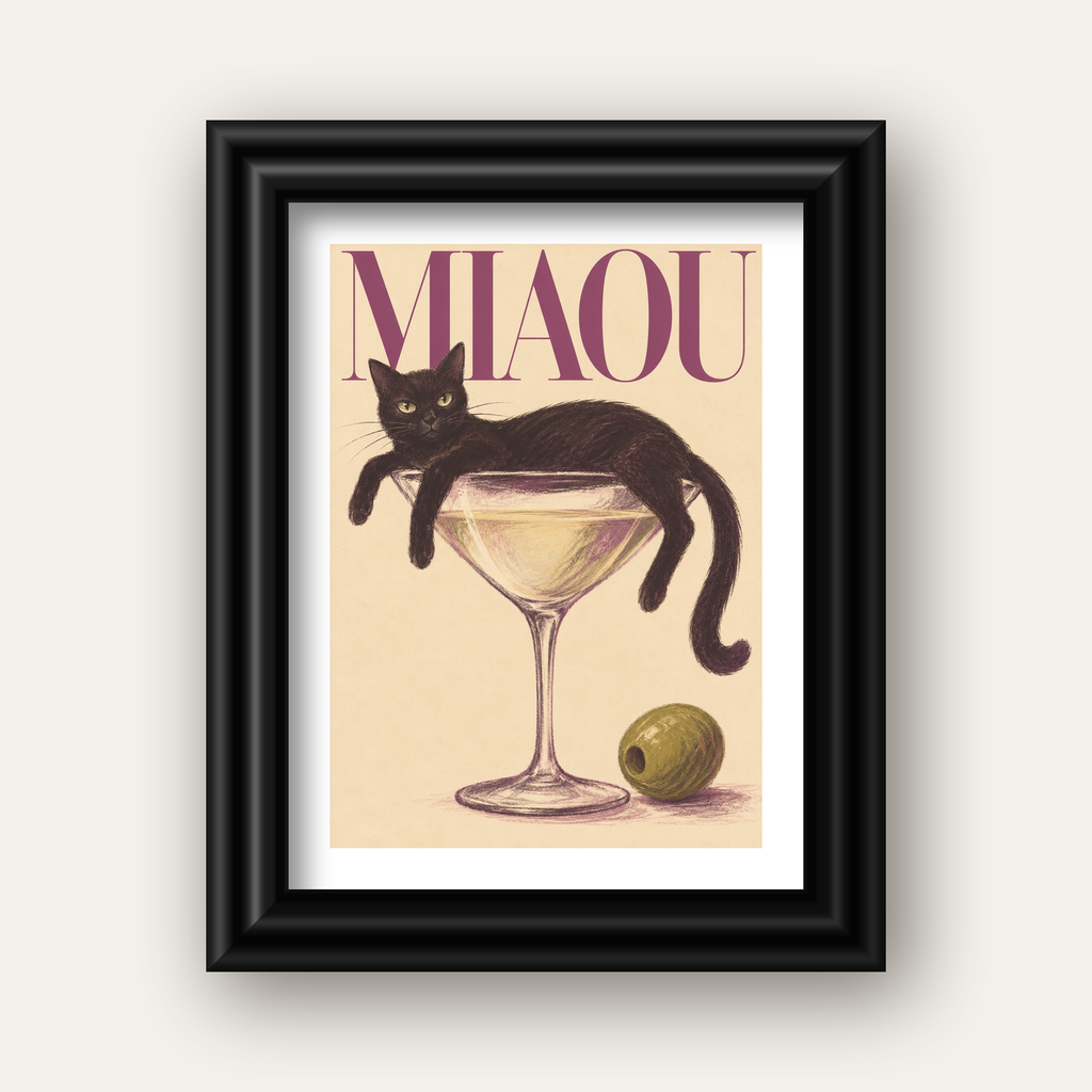Martini Bardaklı Siyah Kedi Poster – Modern Dekor, Miaou Yazılı — siyah galeri çerçeveli paspartulu