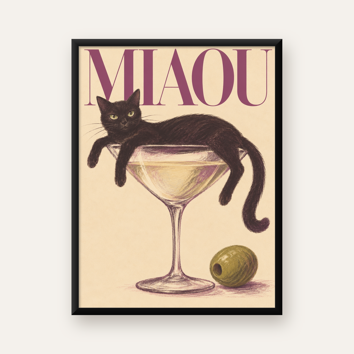 Martini Bardaklı Siyah Kedi Poster – Modern Dekor, Miaou Yazılı — Dikey baskı, düz siyah çerçeveli duvar posteri