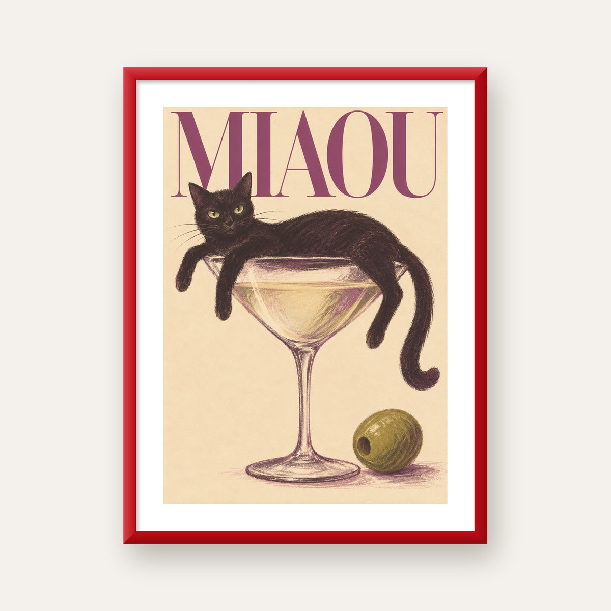 Martini Bardaklı Siyah Kedi Poster – Modern Dekor, Miaou Yazılı — kırmızı çerçeveli paspartulu