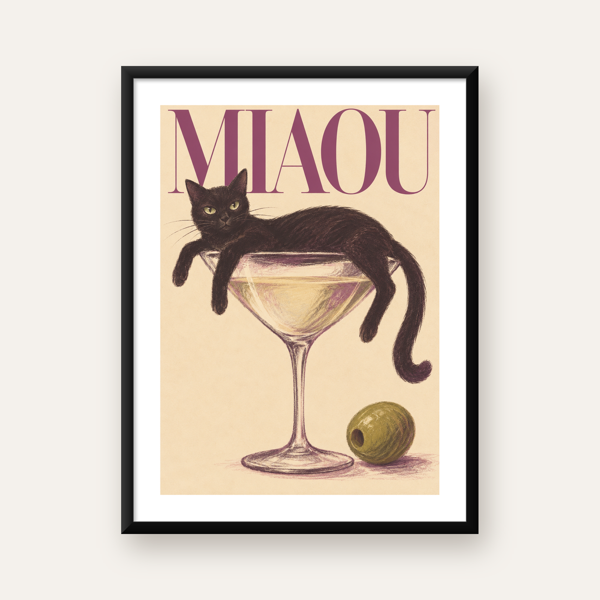 Martini Bardaklı Siyah Kedi Poster – Modern Dekor, Miaou Yazılı — Dikey baskı, beyaz kenar boşluklu