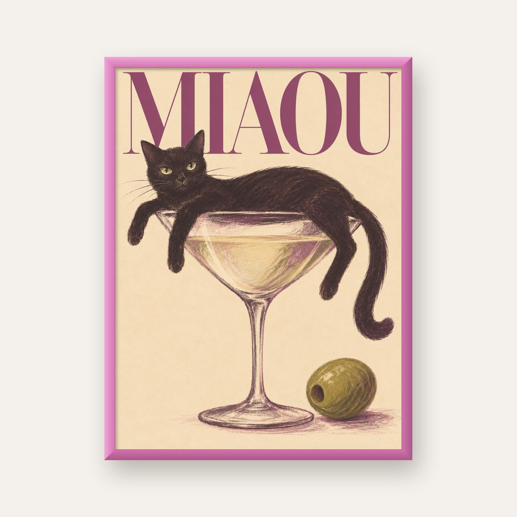 Martini Bardaklı Siyah Kedi Poster – Modern Dekor, Miaou Yazılı — pembe çerçeveli