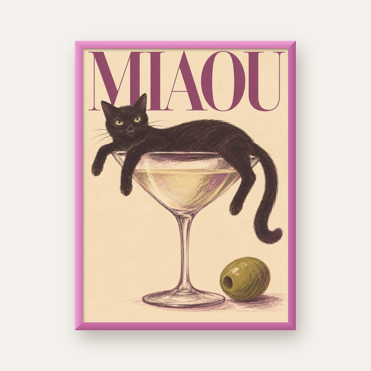 Martini Bardaklı Siyah Kedi Poster – Modern Dekor, Miaou Yazılı — pembe çerçeveli